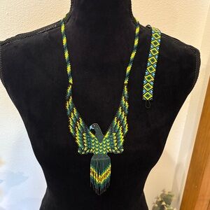 Handcrafted Beaded Necklace and Bracelet Set - Green and Yellow